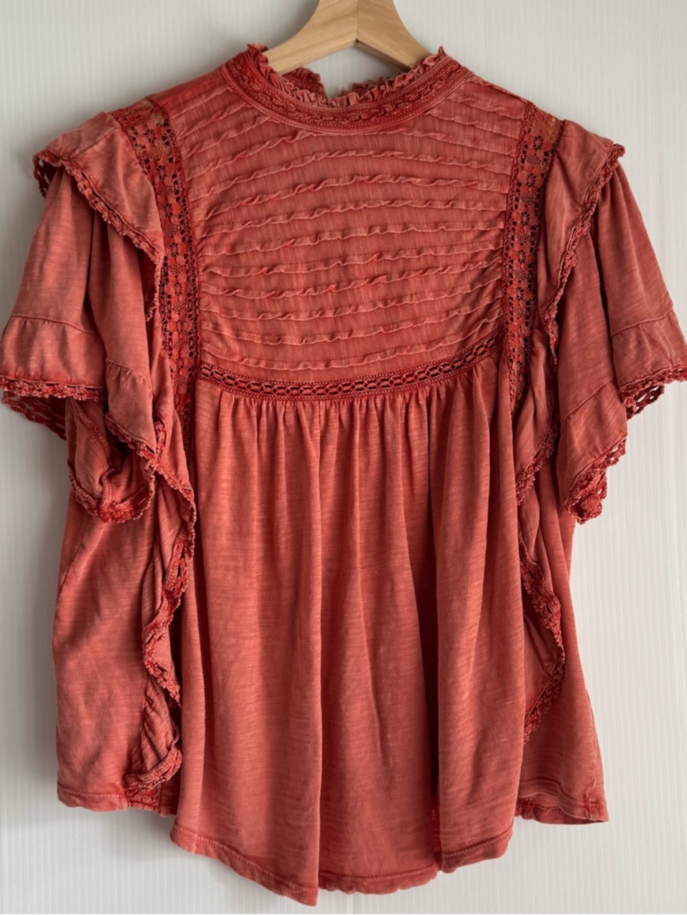 Free People Rust Red Lace Trim Flutter Sleeve Blouse - Picture 2 of 6